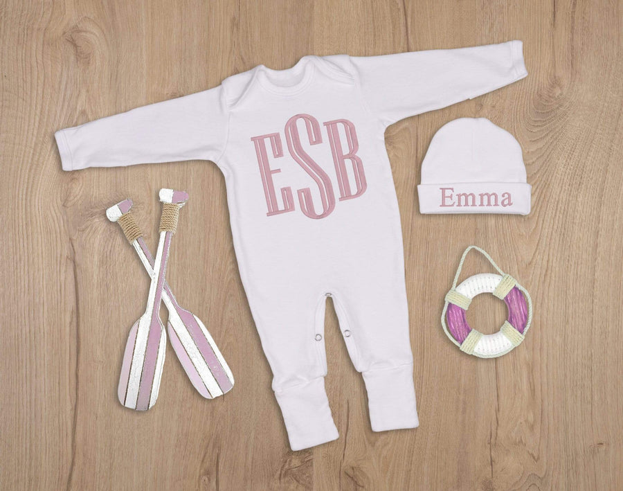 Newborn Girl White Coming Home Outfit with Pink Embroidered Monogram