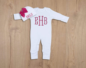 personalized romper for baby girl with hot pink thread