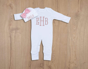 baby girl embroidered romper with baby pink thread