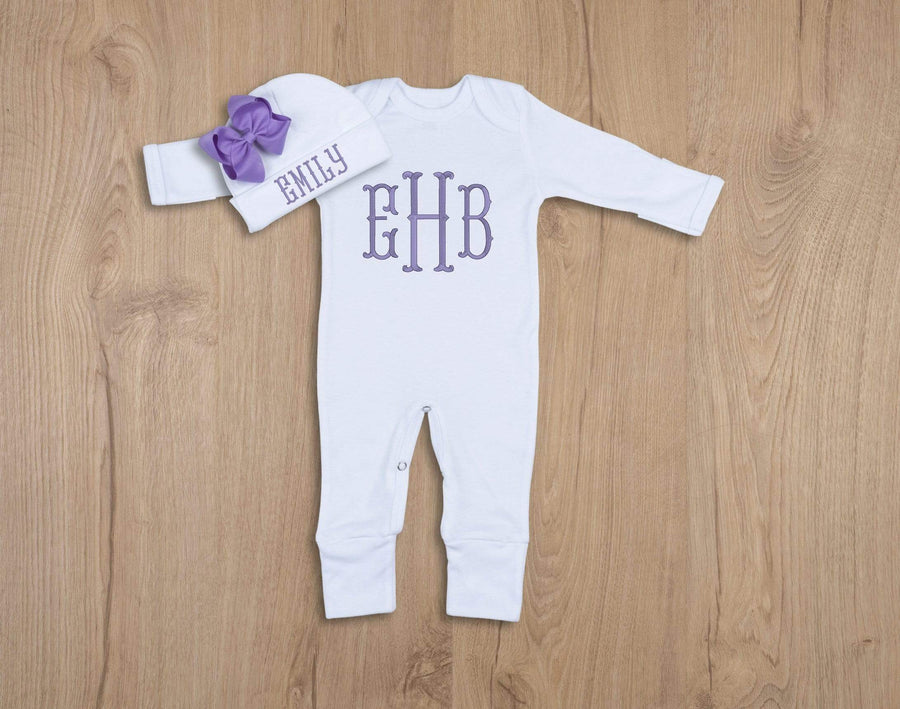 baby girl monogrammed romper with purple thread