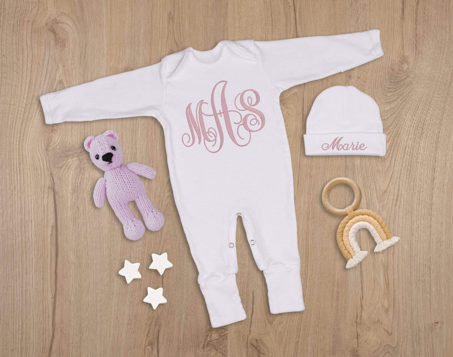 Baby Girl White Coming Home Outfit with Pink Monogram