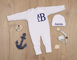 Embroidered Stacked Monogram White Baby Boy Coming Home Outfit Navy Blue Thread