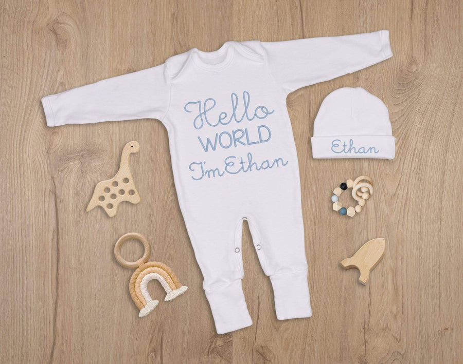 Hello World Embroidered Baby Boy Coming Home Outfit