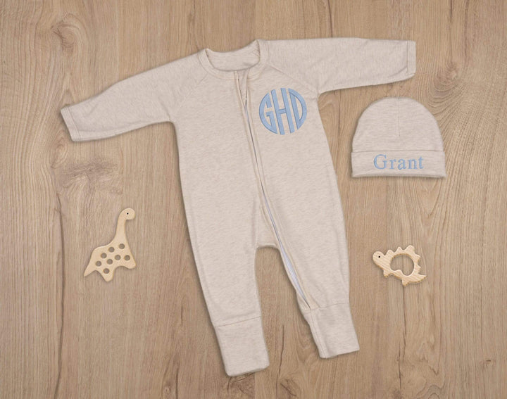 Beige newborn boy coming home outfit with zipper