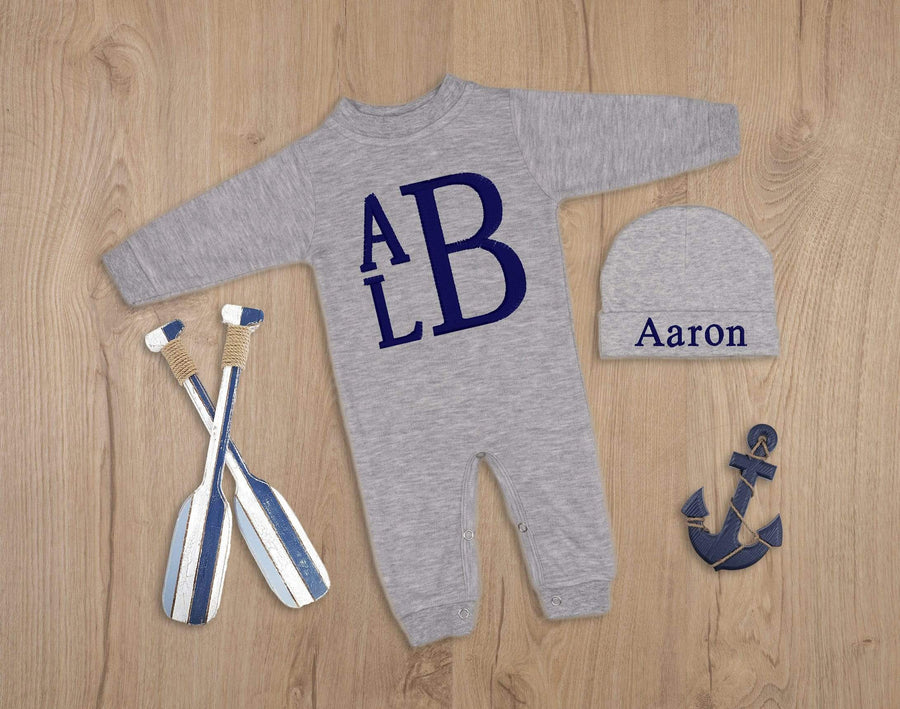 Newborn Gray Sleeper with Navy Blue Monogram - Baby Boy Coming Home Outfit