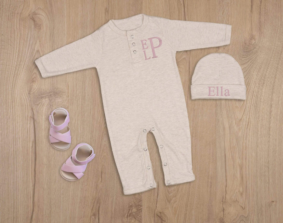 Beige Coming Home Outfit With Stacked Monogram for a Baby Girl