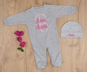 Baby girl gray sleeper monogrammed with pink thread