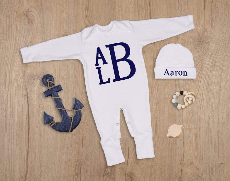Newborn White Sleeper with Navy Blue Monogram - Baby Boy Coming Home Outfit