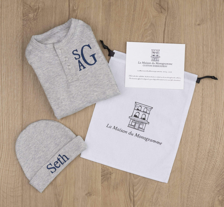 Newborn Baby Boy Grey Coming Home Outfit With Stacked Monogram