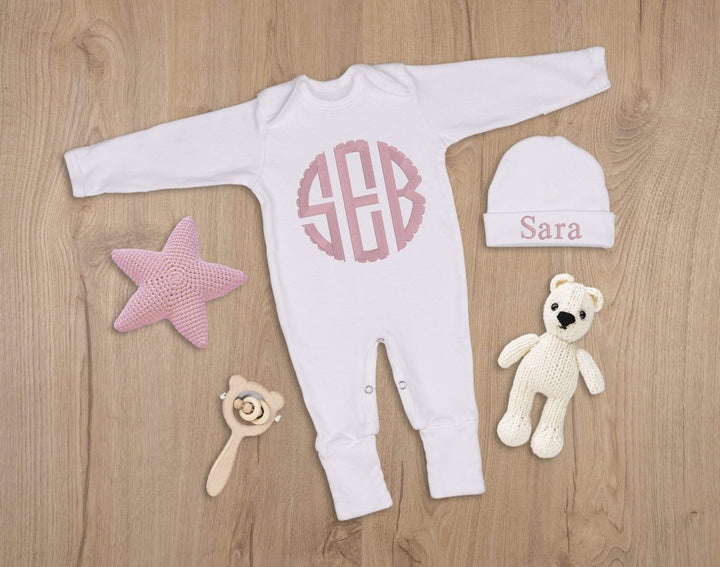 Newborn girl coming home outfit with circle monogram