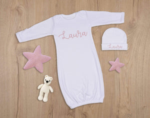 Newborn Girl White Convertible Mittens Gown with Pink Name Embroidery