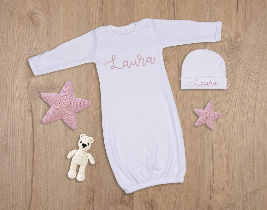 Newborn Girl White Convertible Mittens Gown with Pink Name Embroidery