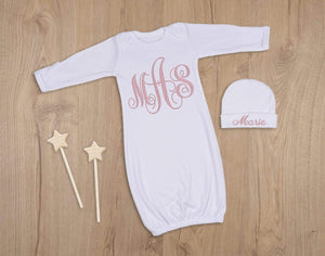 Baby Girl White Convertible Mittens Gown with White and Pink Monogram