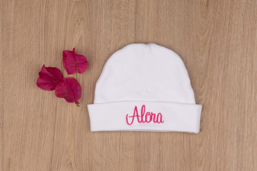 Newborn Girl White Convertible Sleeper with Pink Name Embroidery