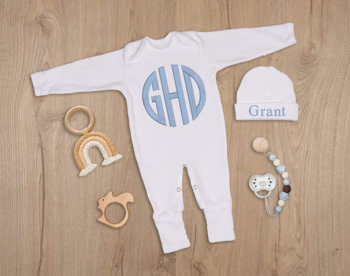 newborn coming home outfit blue circle monogram