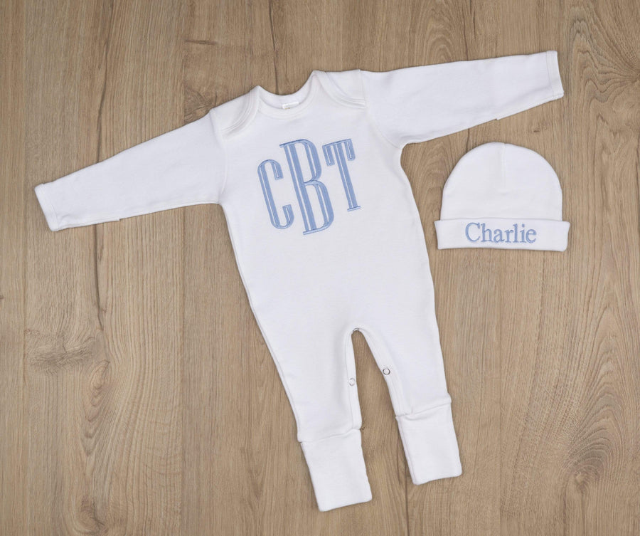 Newborn Baby Boy White Coming Home Outfit With Blue Monogram