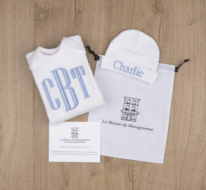 Newborn Baby Boy White Coming Home Outfit With Blue Monogram